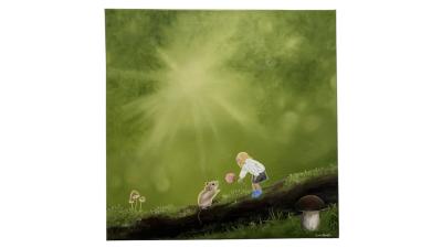 Oljemålning föreställande flicka i skogen